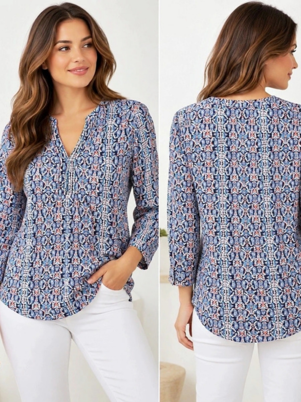 Talbots Paisley Pintuck Blouse Blue Multicolor Size Small 3/4 Sleeve